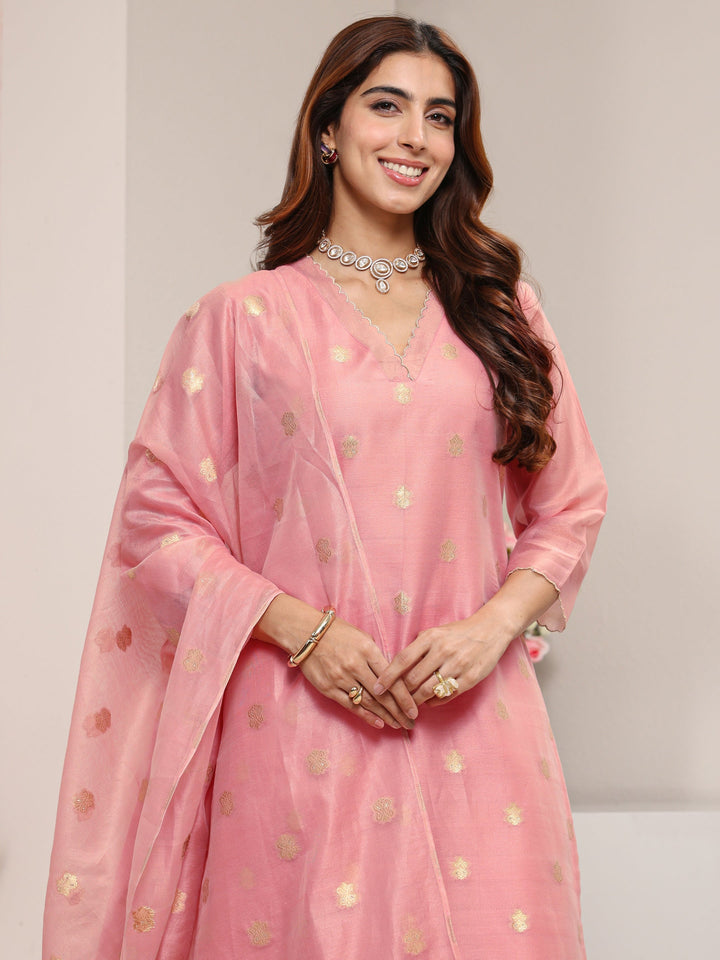 Pink Ethnic Woven Design Chanderi Silk Straight Suit Set With Dupatta