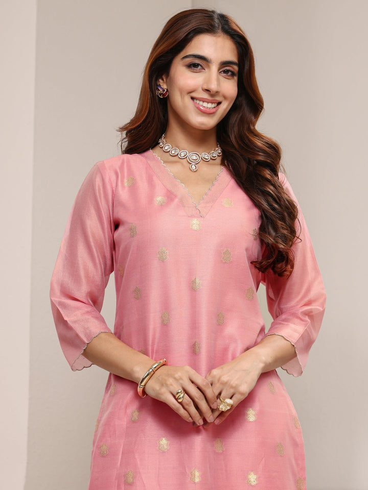Pink Ethnic Woven Design Chanderi Silk Straight Suit Set With Dupatta
