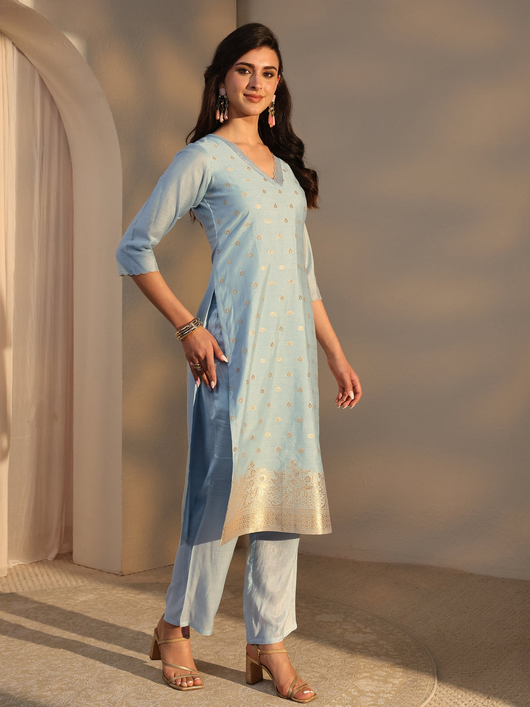 Blue Woven Design Chanderi Silk Straight Suit Set With Dupatta