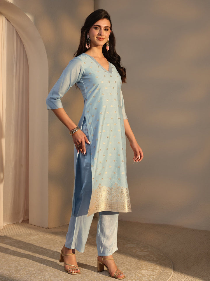 Blue Woven Design Chanderi Silk Straight Suit Set With Dupatta