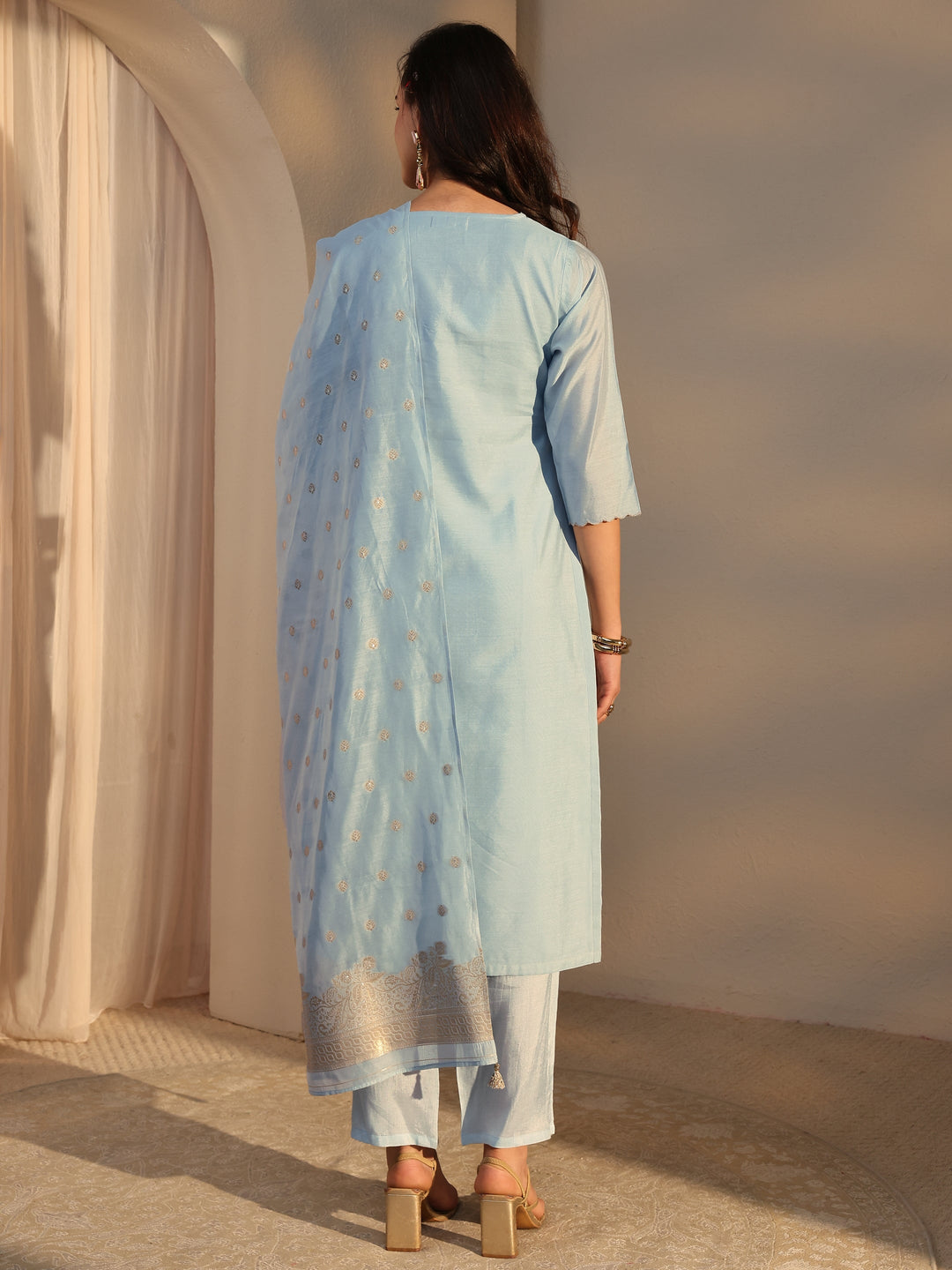 Blue Woven Design Chanderi Silk Straight Suit Set With Dupatta