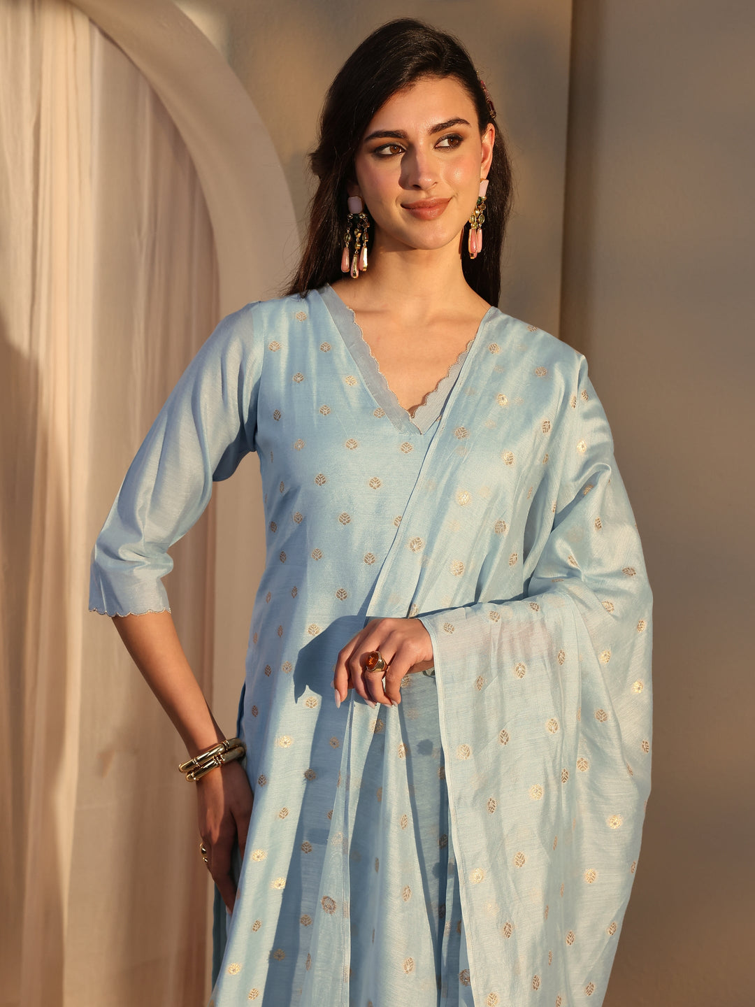 Blue Woven Design Chanderi Silk Straight Suit Set With Dupatta