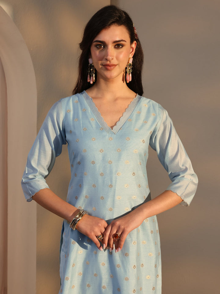 Blue Woven Design Chanderi Silk Straight Suit Set With Dupatta