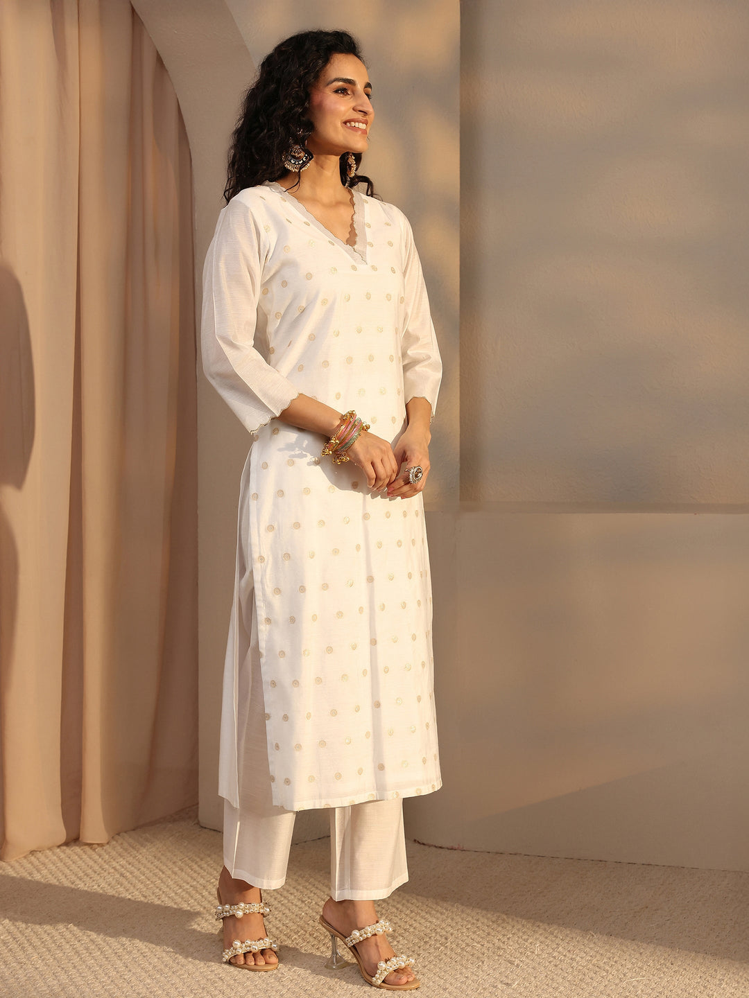 White Woven Design Chanderi Silk Straight Suit Set With Dupatta