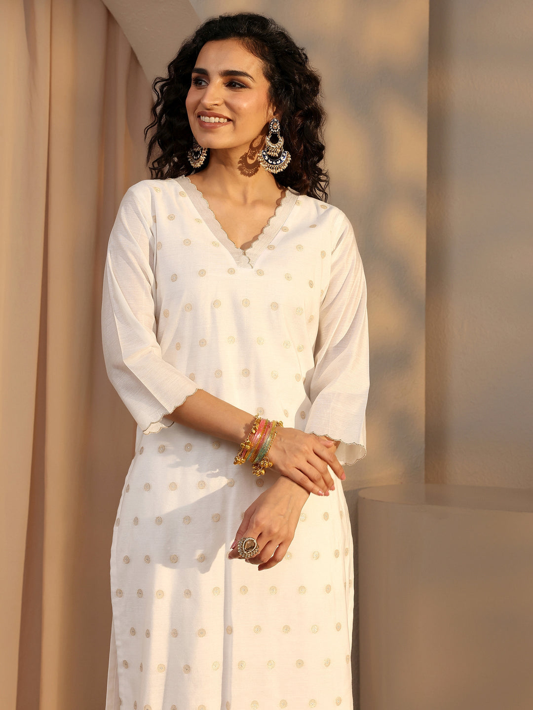 White Woven Design Chanderi Silk Straight Suit Set With Dupatta