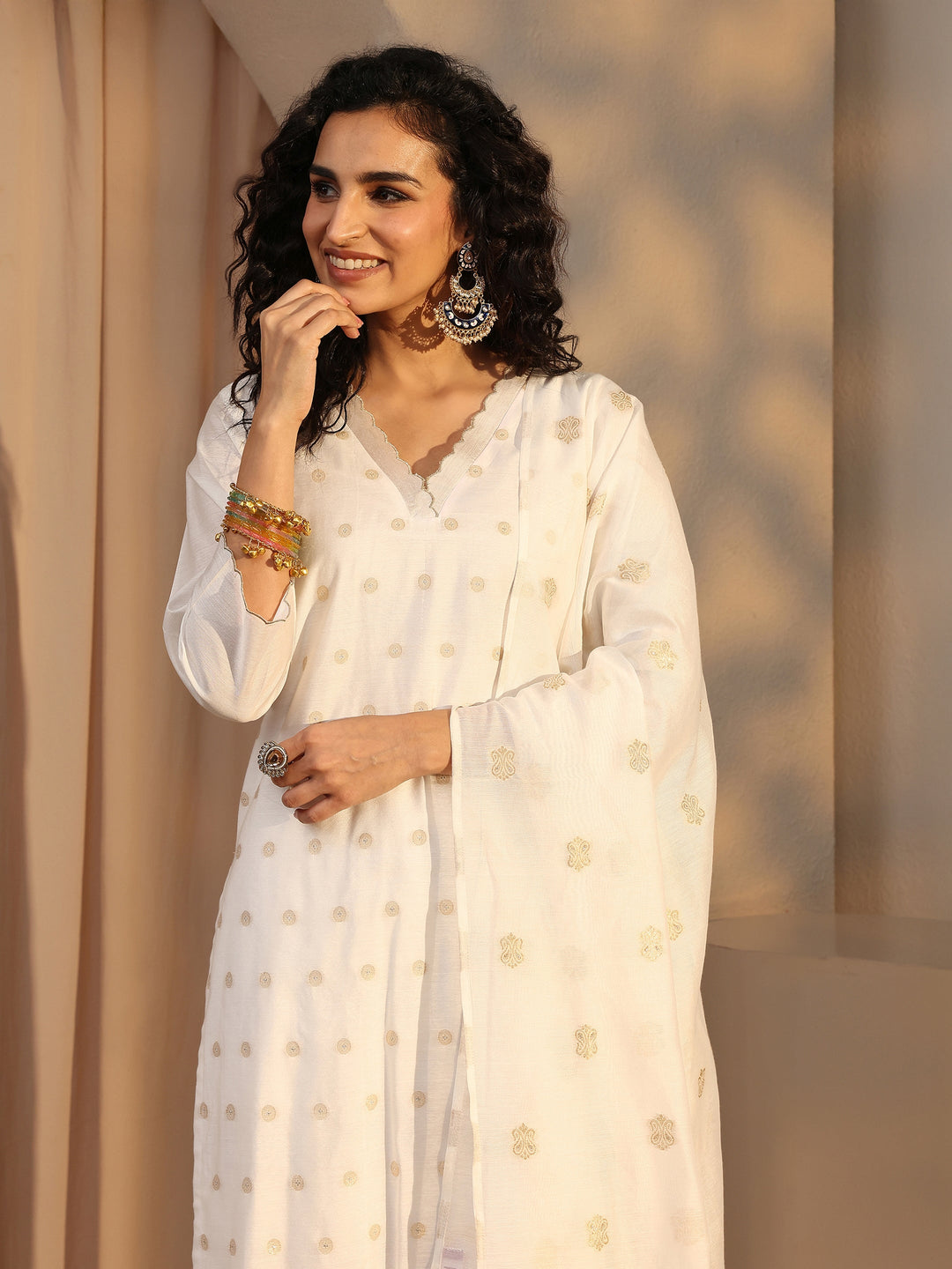 White Woven Design Chanderi Silk Straight Suit Set With Dupatta