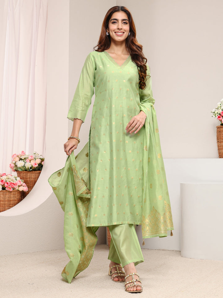 Green Ethnic Woven Design Chanderi Silk Straight Suit Set With Dupatta