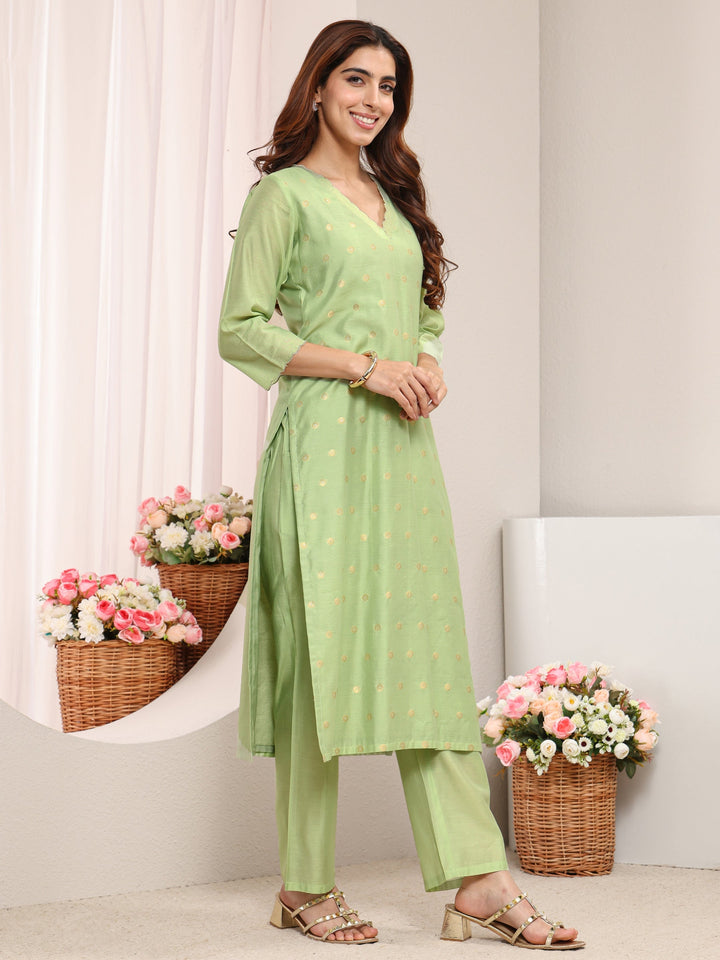 Green Ethnic Woven Design Chanderi Silk Straight Suit Set With Dupatta