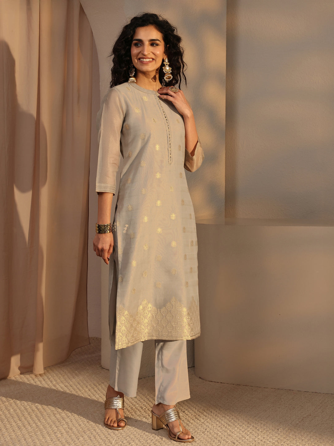 Grey Woven Design Chanderi Silk Straight Suit Set With Dupatta
