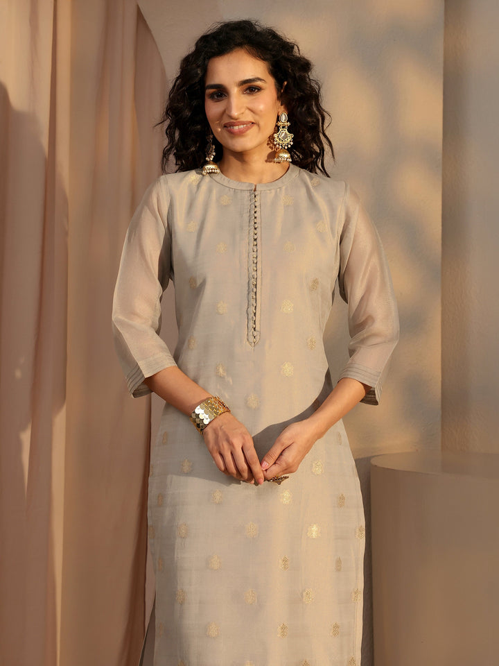Grey Woven Design Chanderi Silk Straight Suit Set With Dupatta