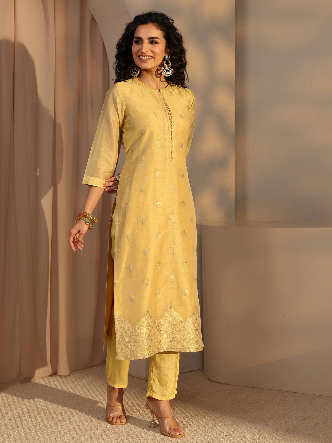Yellow Woven Design Chanderi Silk Straight Suit Set With Dupatta