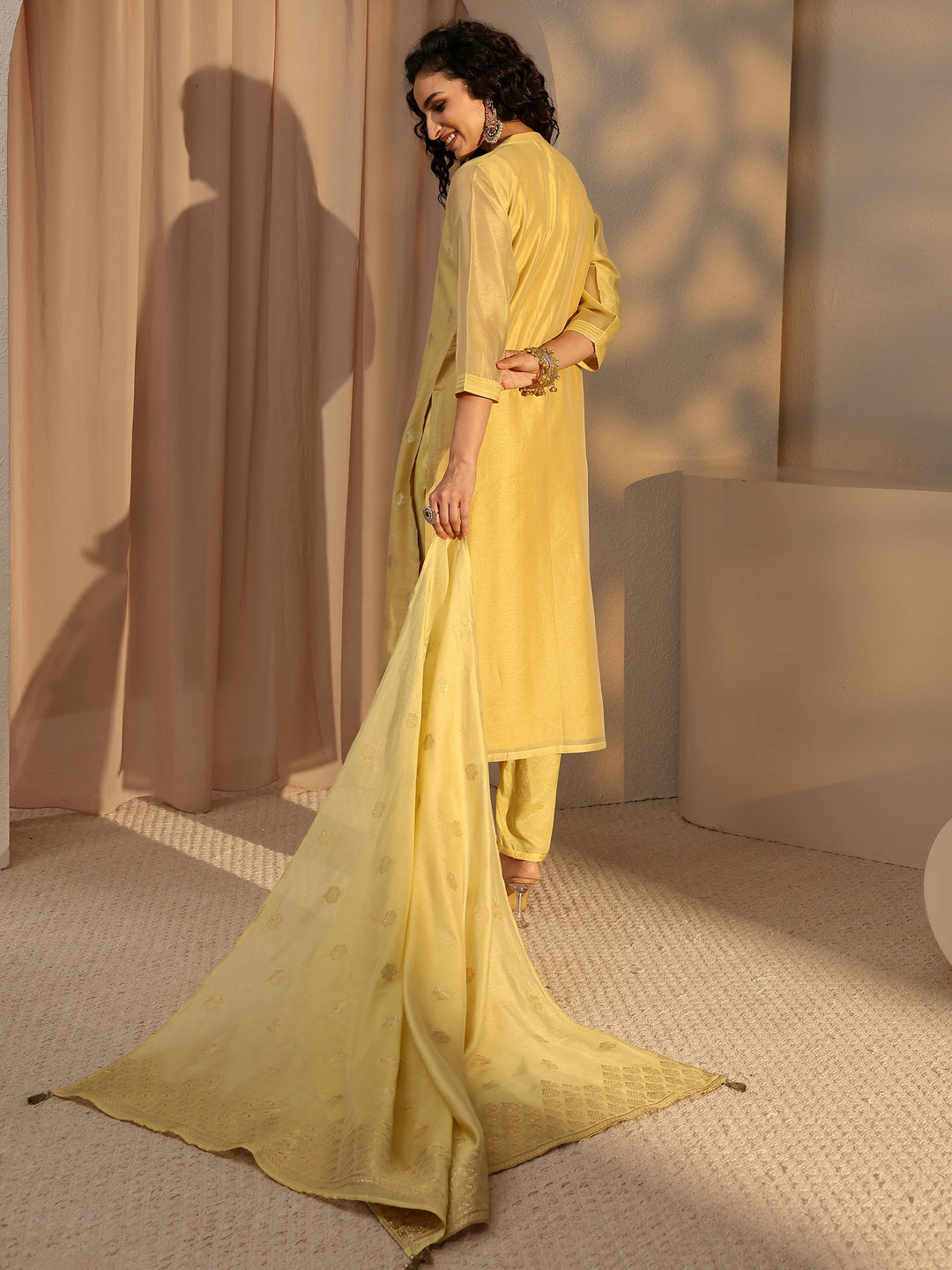 Yellow Woven Design Chanderi Silk Straight Suit Set With Dupatta