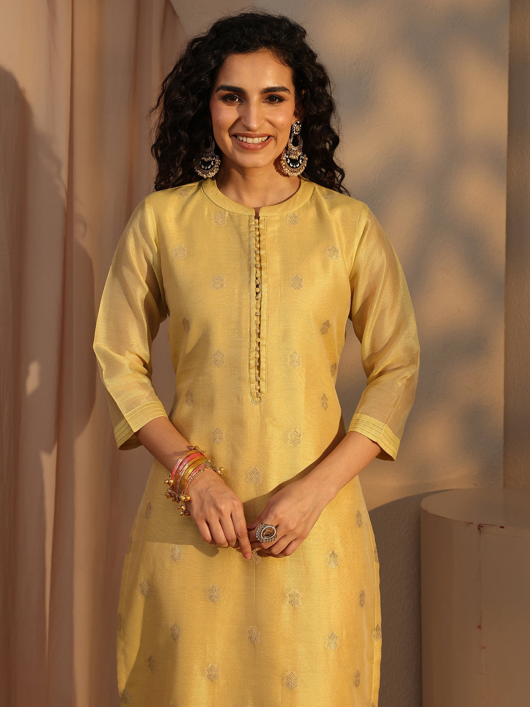 Yellow Woven Design Chanderi Silk Straight Suit Set With Dupatta