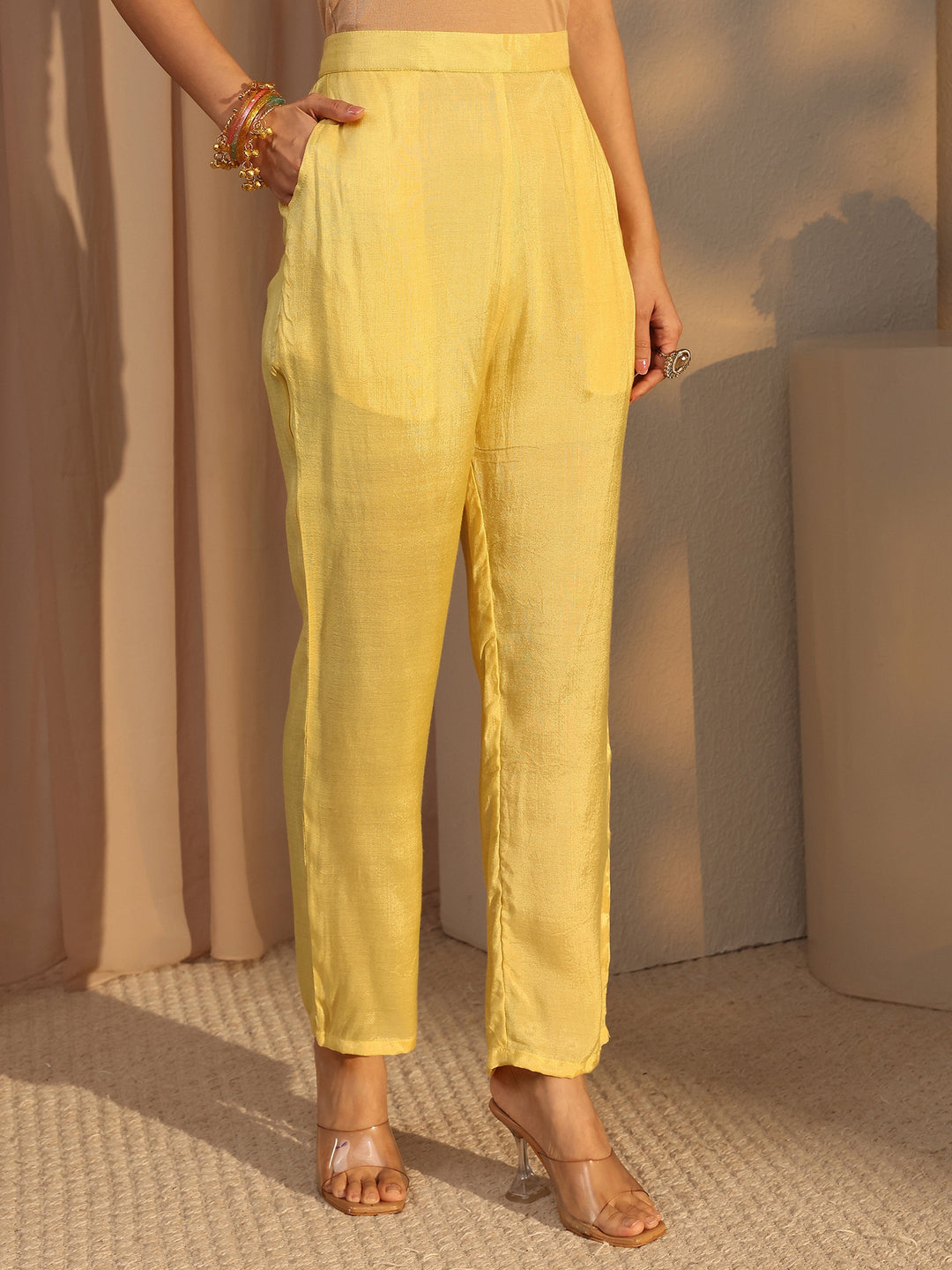 Yellow Woven Design Chanderi Silk Straight Suit Set With Dupatta