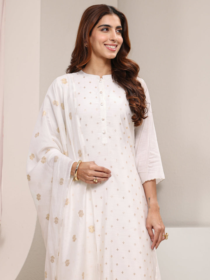 White Ethnic Woven Design Chanderi Silk Straight Suit Set With Dupatta