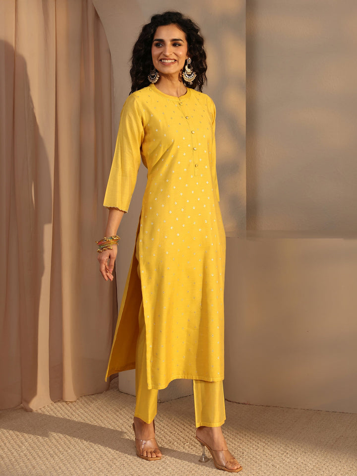 Yellow Woven Design Chanderi Silk Straight Suit Set With Dupatta