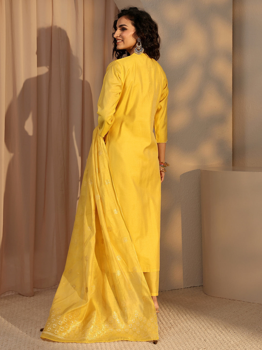 Yellow Woven Design Chanderi Silk Straight Suit Set With Dupatta