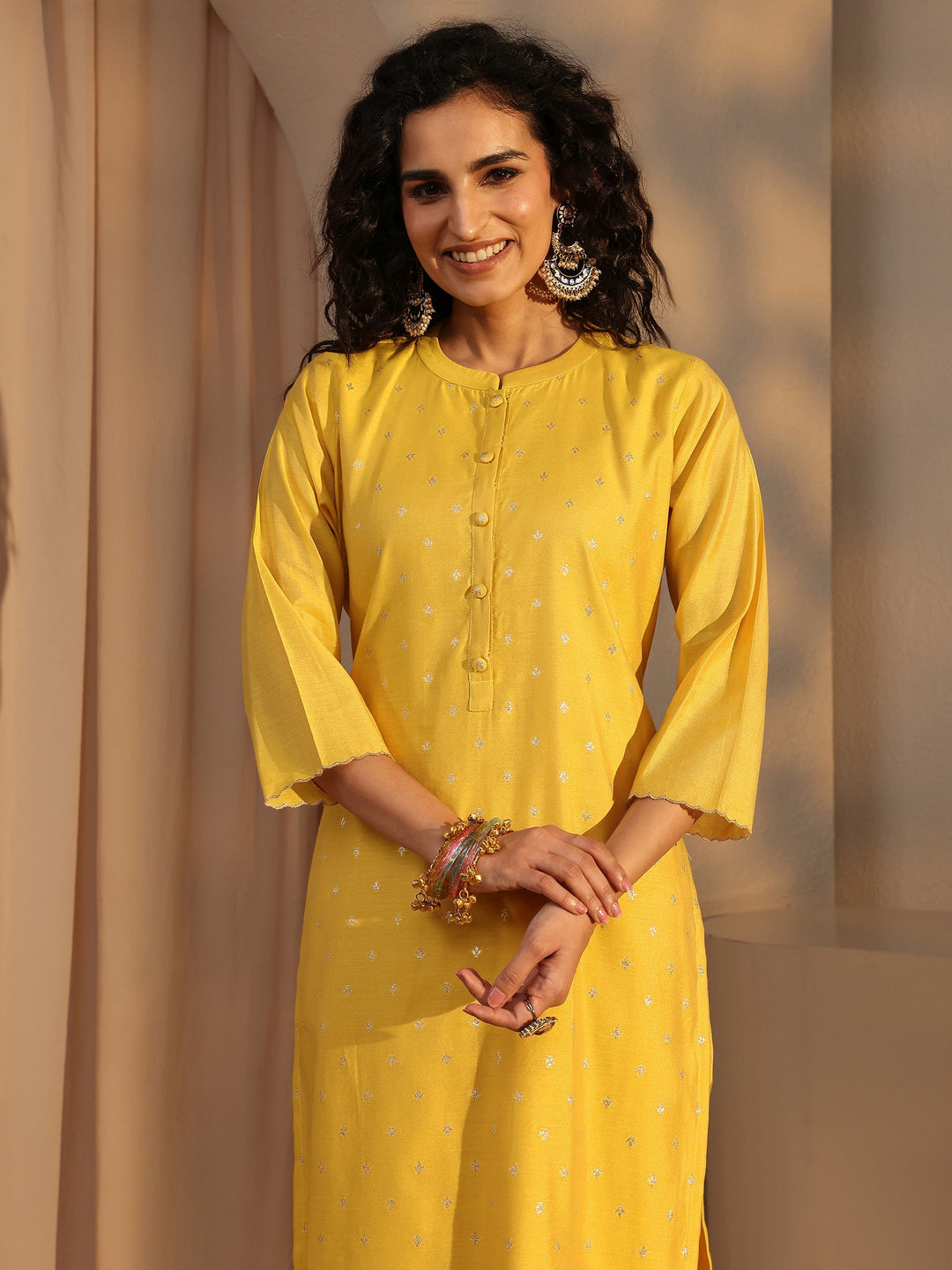 Yellow Woven Design Chanderi Silk Straight Suit Set With Dupatta