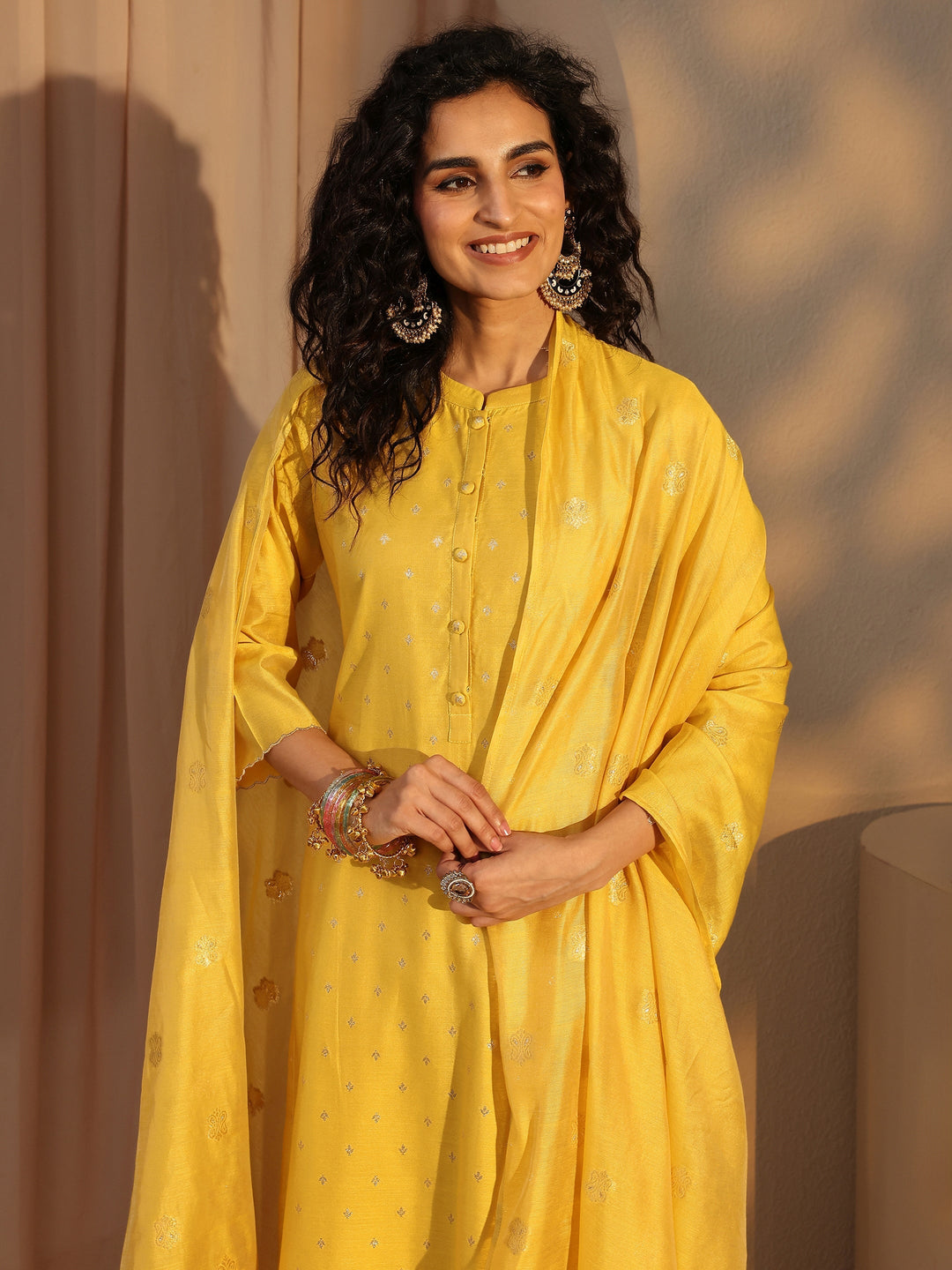 Yellow Woven Design Chanderi Silk Straight Suit Set With Dupatta