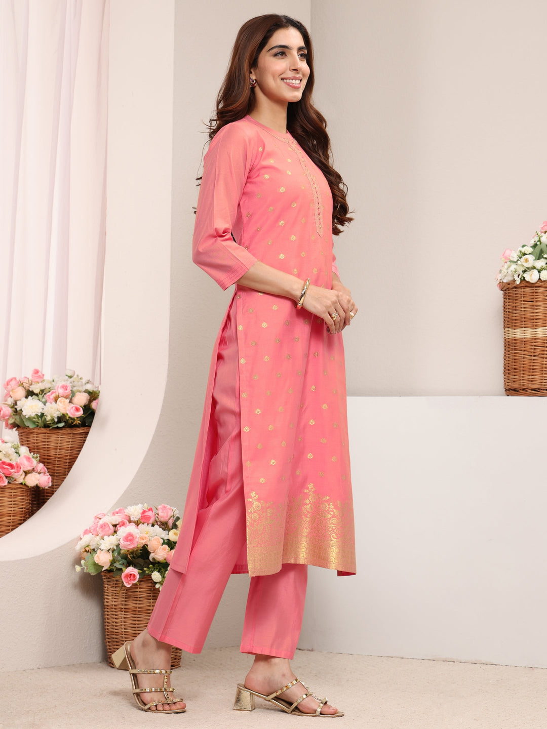Pink Ethnic Woven Design Chanderi Silk Straight Suit Set With Dupatta