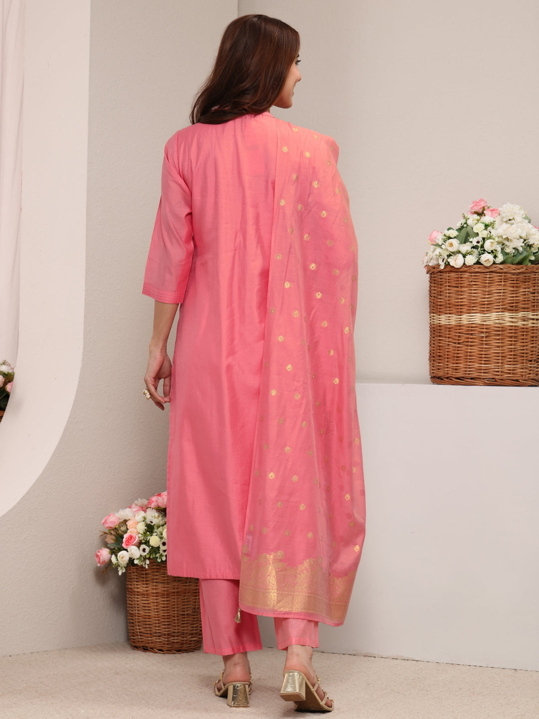 Pink Ethnic Woven Design Chanderi Silk Straight Suit Set With Dupatta