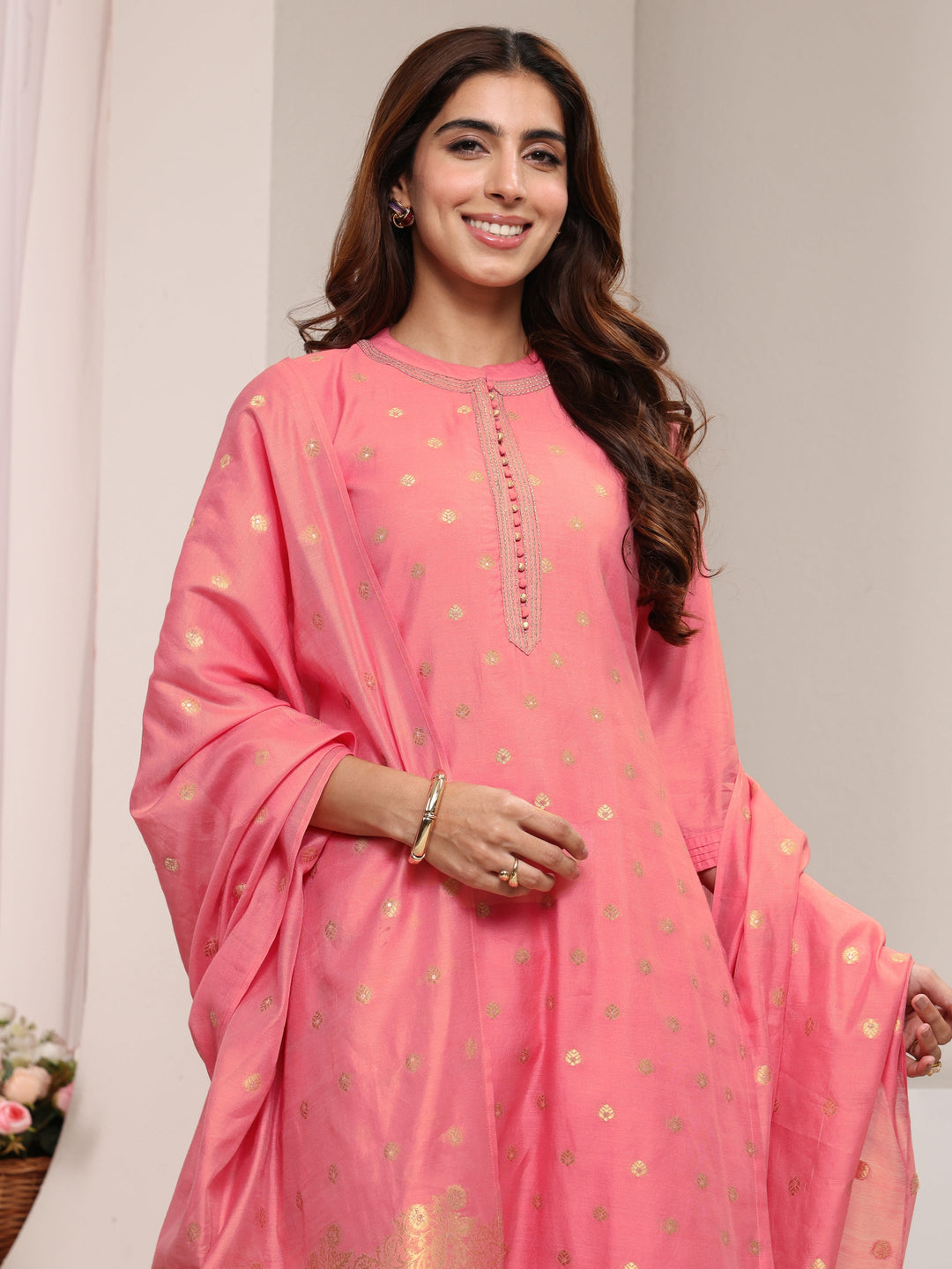 Pink Ethnic Woven Design Chanderi Silk Straight Suit Set With Dupatta
