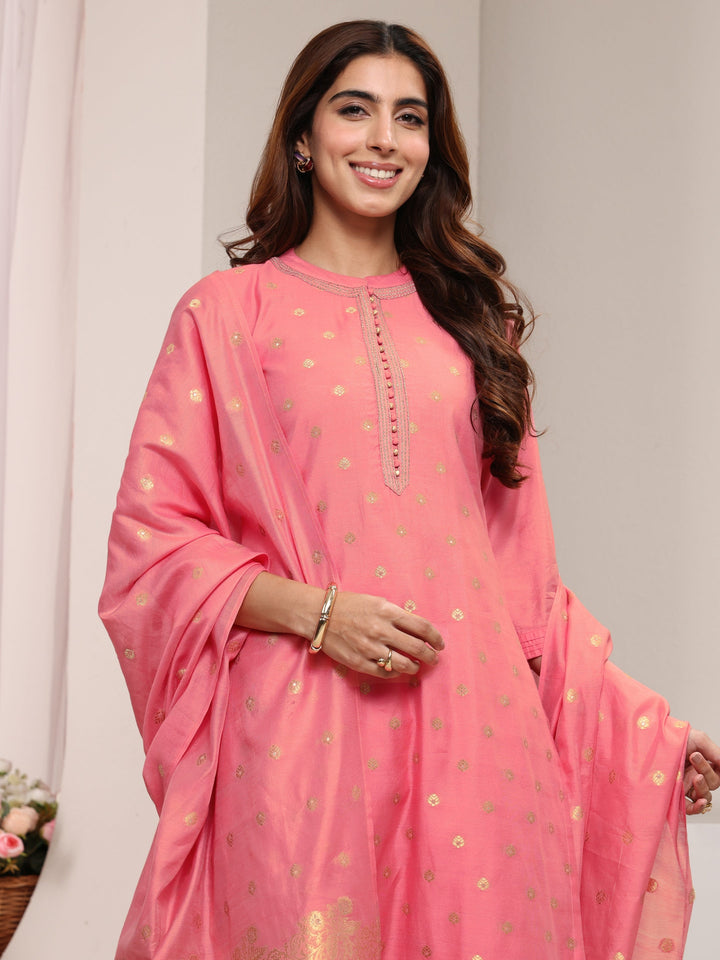 Pink Ethnic Woven Design Chanderi Silk Straight Suit Set With Dupatta