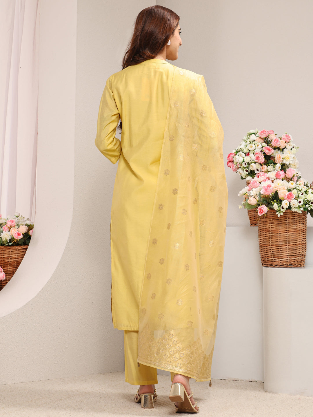 Yellow Ethnic Woven Design Chanderi Silk Straight Suit Set With Dupatta