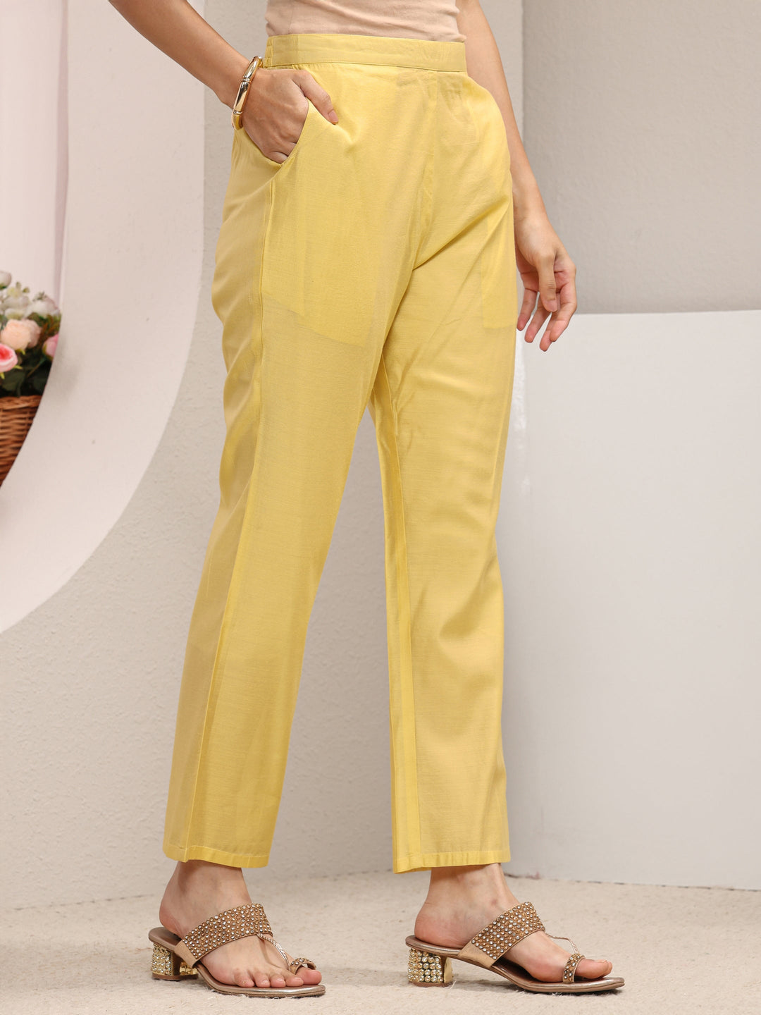 Yellow Ethnic Woven Design Chanderi Silk Straight Suit Set With Dupatta