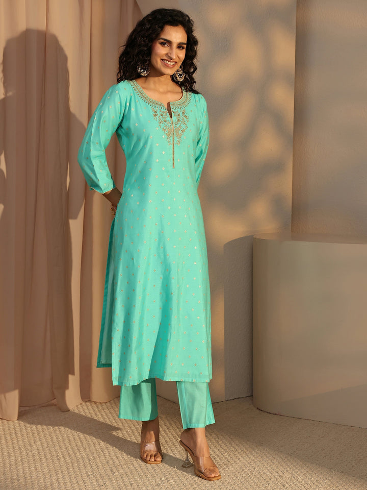 Blue Woven Design Chanderi Silk Straight Suit Set With Dupatta