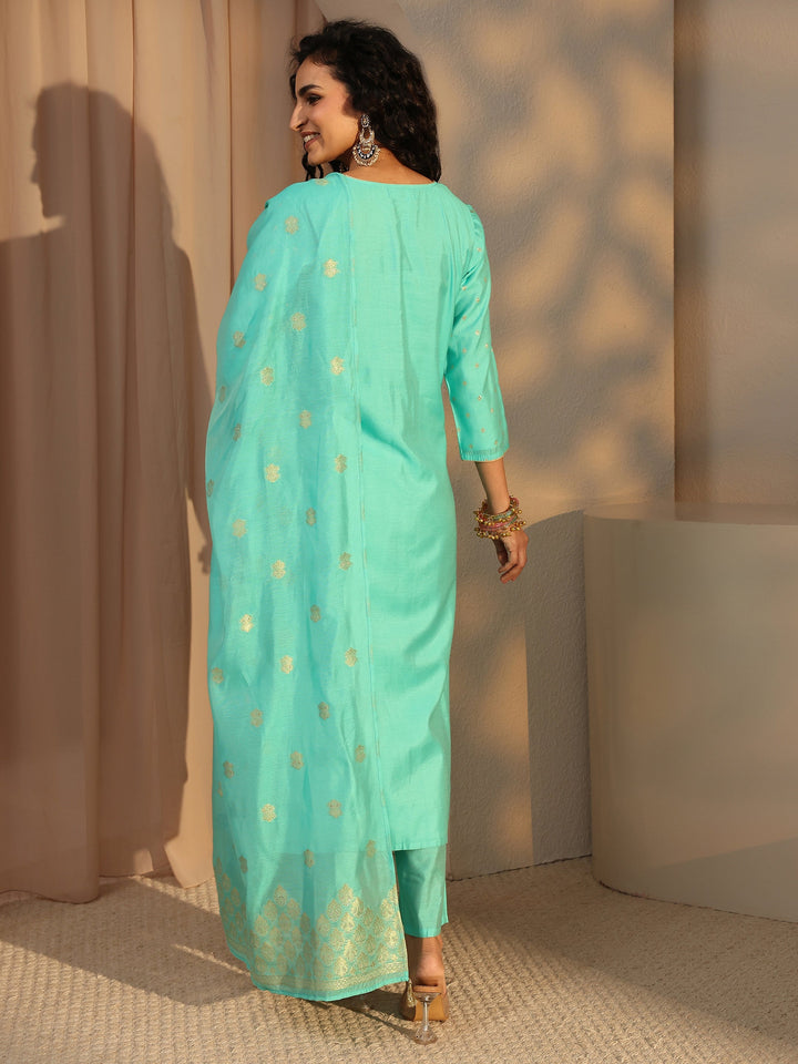 Blue Woven Design Chanderi Silk Straight Suit Set With Dupatta