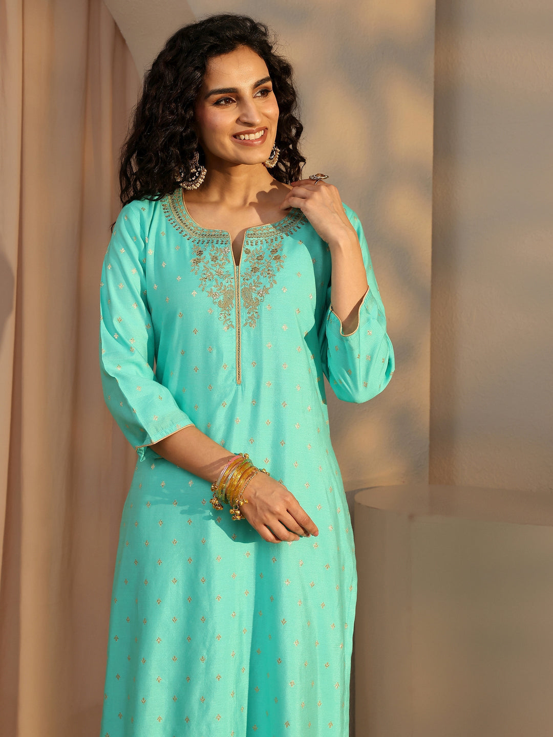 Blue Woven Design Chanderi Silk Straight Suit Set With Dupatta