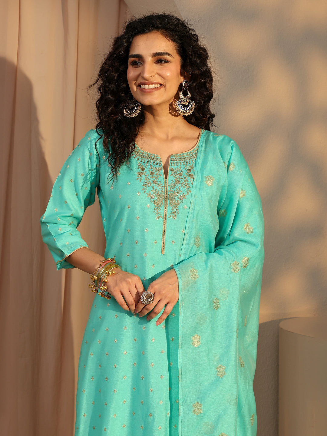 Blue Woven Design Chanderi Silk Straight Suit Set With Dupatta