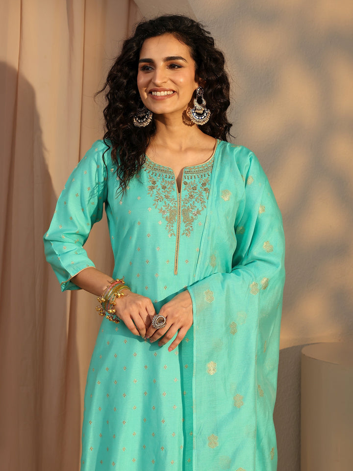 Blue Woven Design Chanderi Silk Straight Suit Set With Dupatta