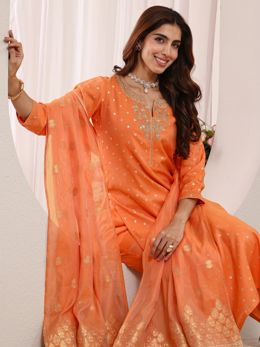 Orange Ethnic Woven Design Chanderi Silk Straight Suit Set With Dupatta