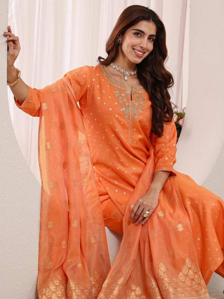 Orange Ethnic Woven Design Chanderi Silk Straight Suit Set With Dupatta