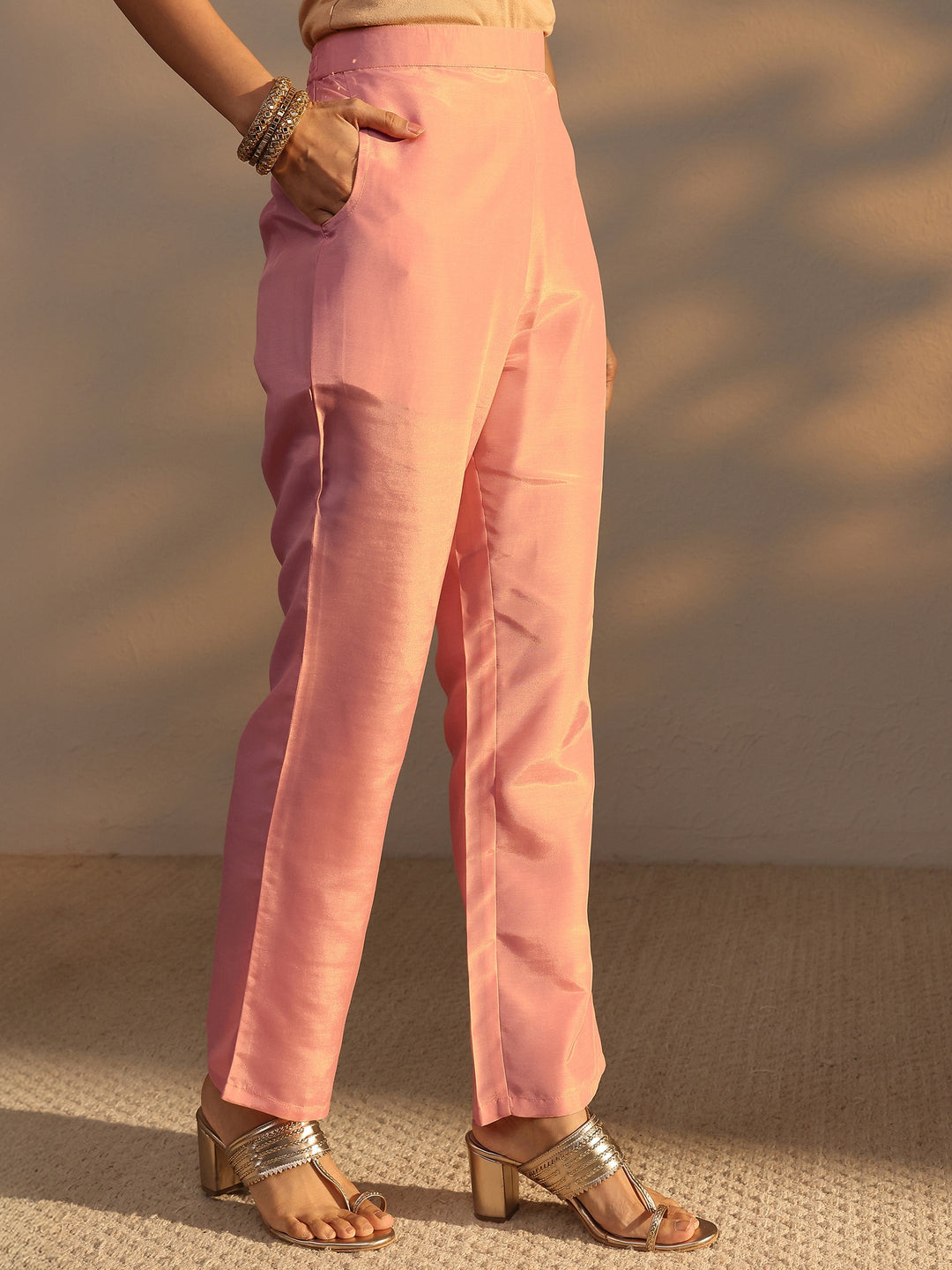 Pink Woven Design Chanderi Silk Straight Suit Set With Dupatta