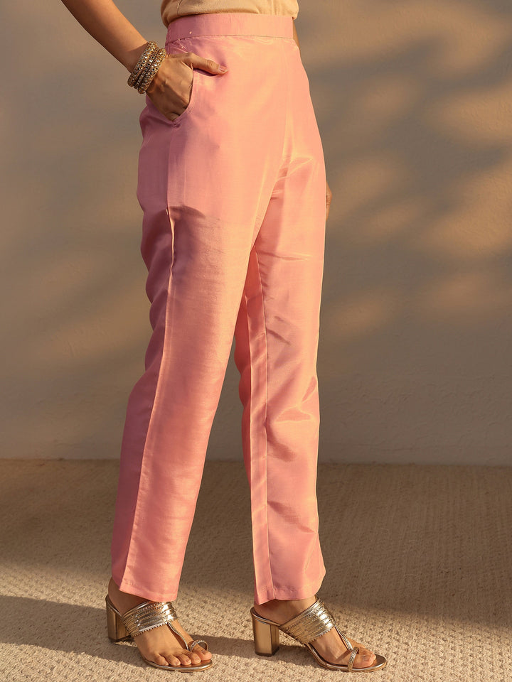 Pink Woven Design Chanderi Silk Straight Suit Set With Dupatta
