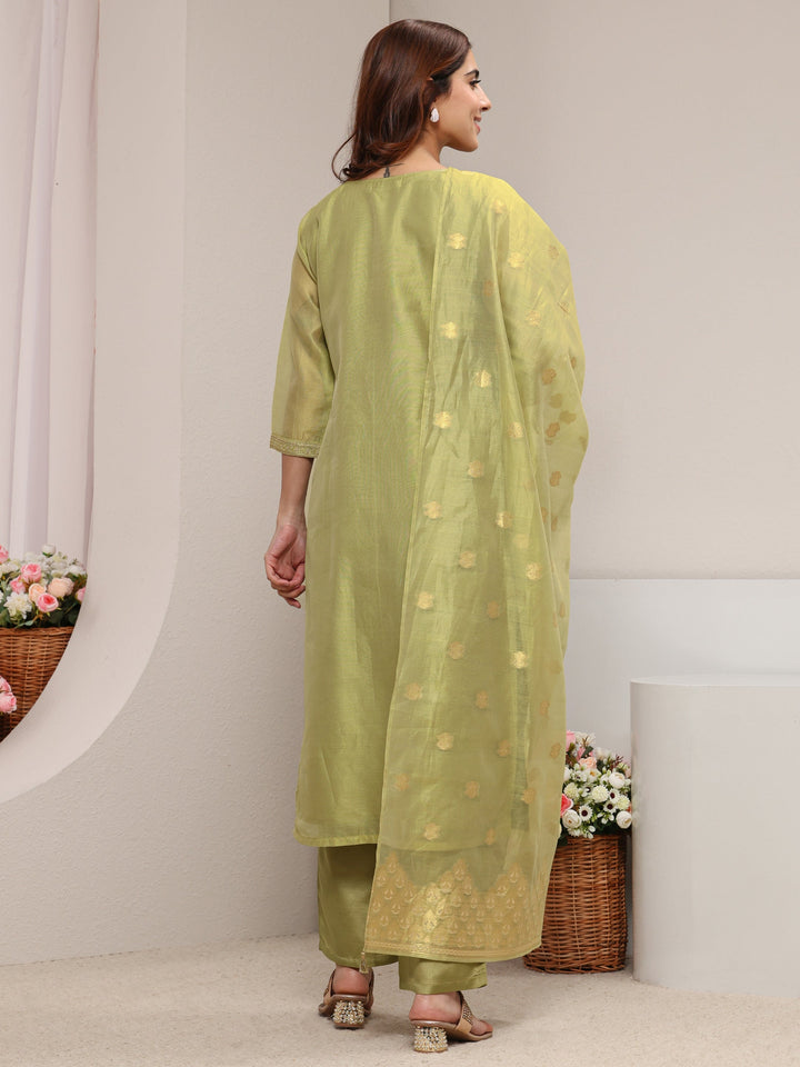 Green Ethnic Woven Design Chanderi Silk Straight Suit Set With Dupatta