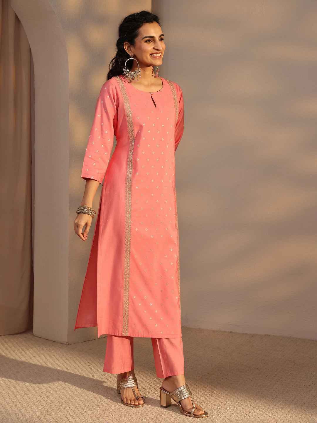 Pink Woven Design Chanderi Silk Straight Suit Set With Dupatta