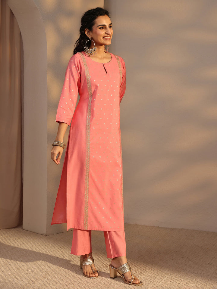 Pink Woven Design Chanderi Silk Straight Suit Set With Dupatta