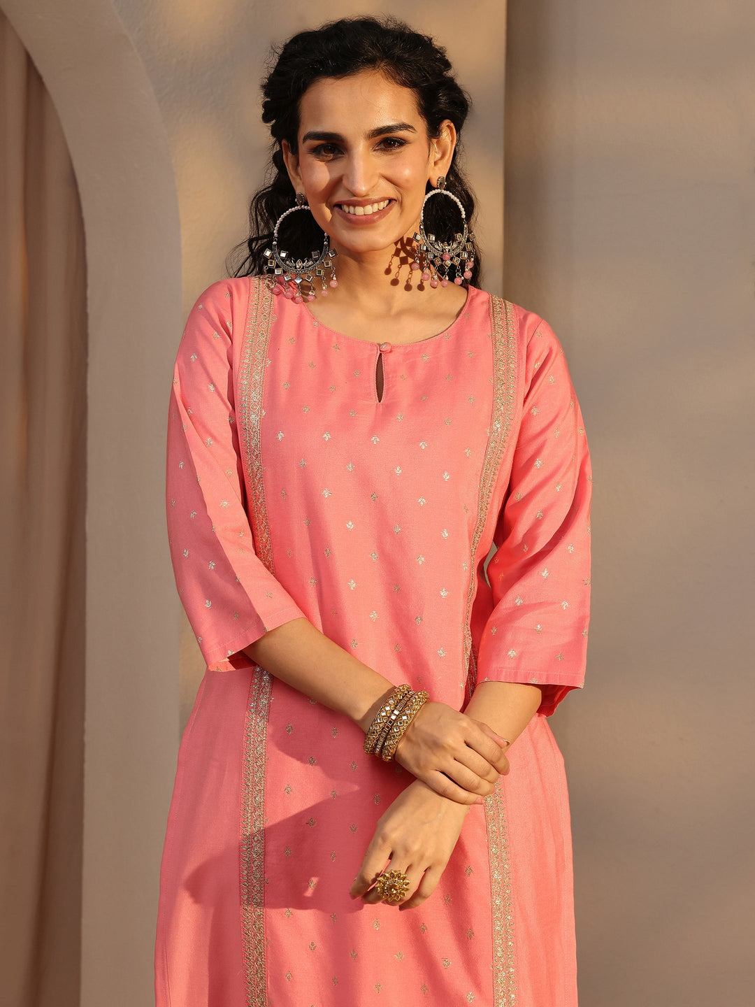 Pink Woven Design Chanderi Silk Straight Suit Set With Dupatta
