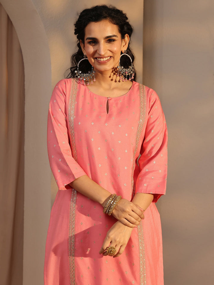 Pink Woven Design Chanderi Silk Straight Suit Set With Dupatta