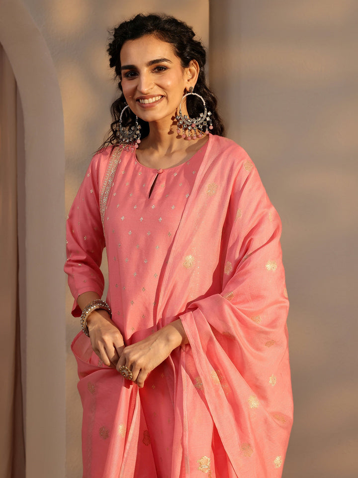 Pink Woven Design Chanderi Silk Straight Suit Set With Dupatta