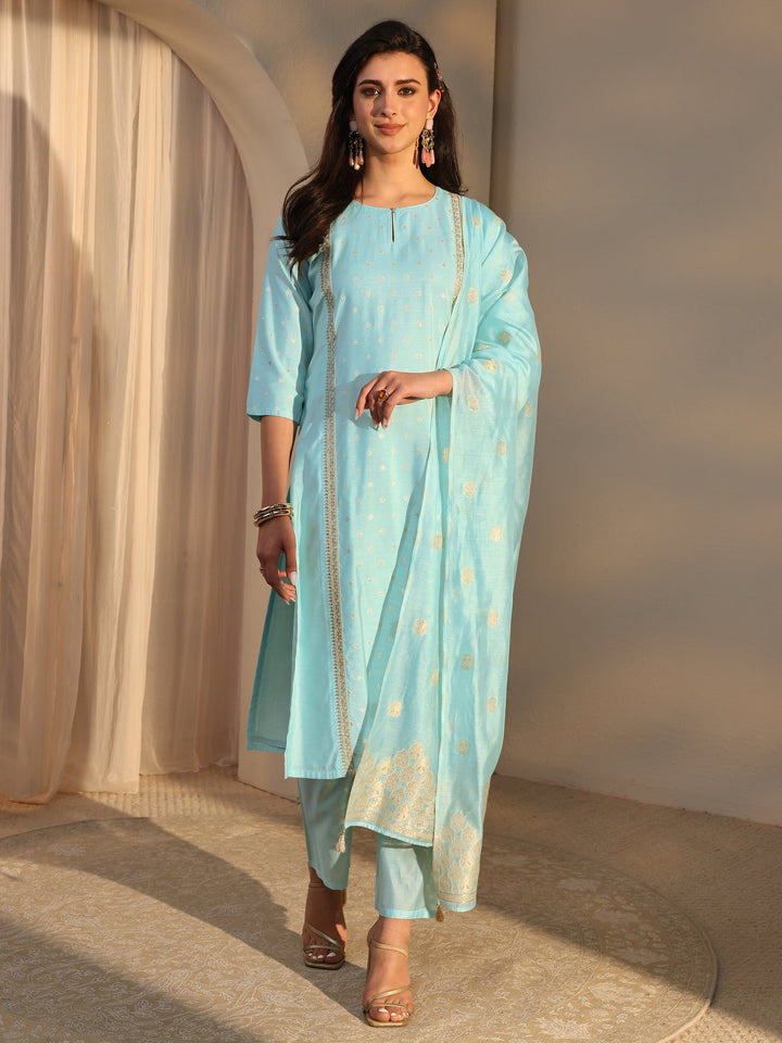 Blue Woven Design Chanderi Silk Straight Suit Set With Dupatta