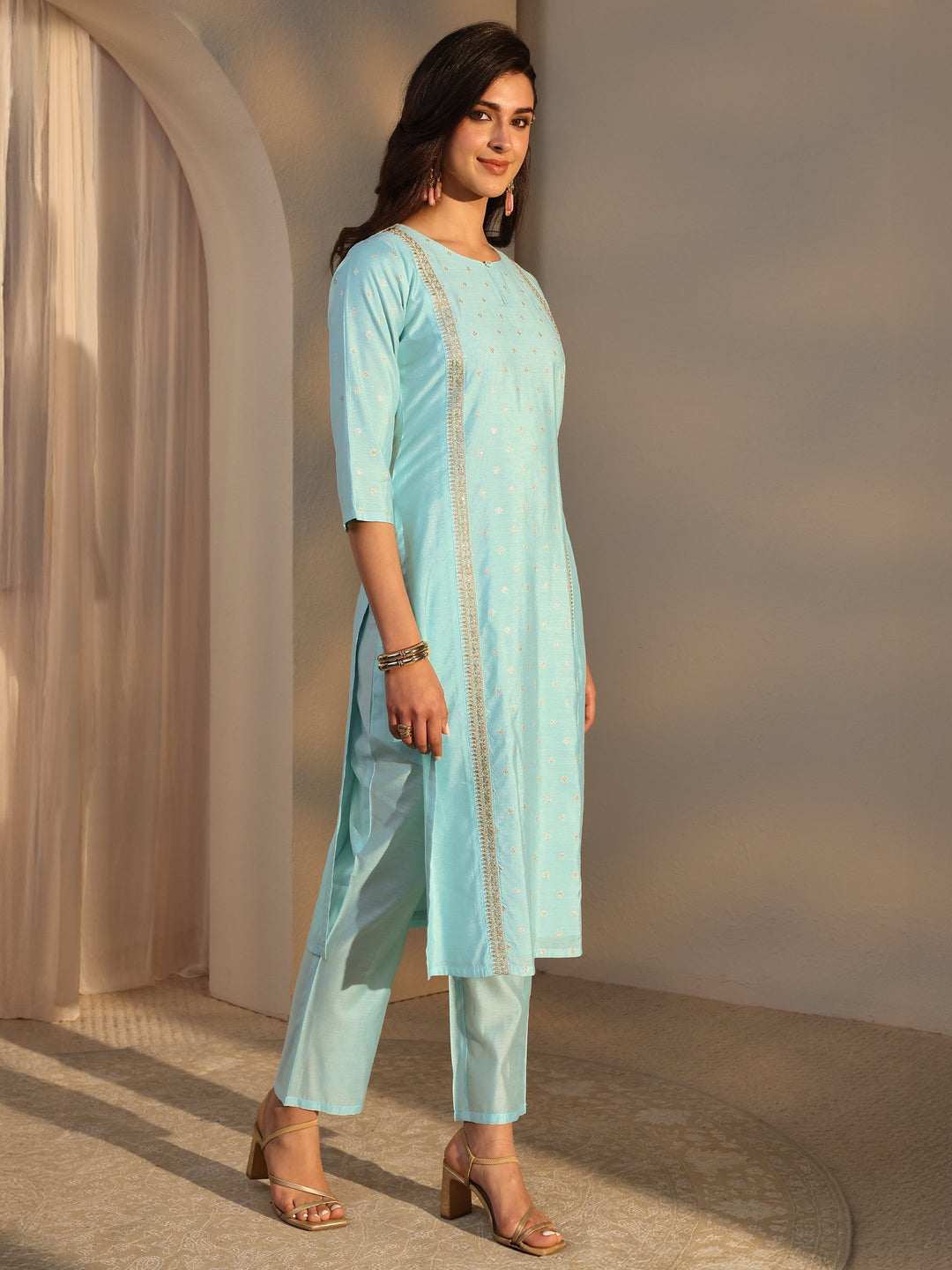 Blue Woven Design Chanderi Silk Straight Suit Set With Dupatta
