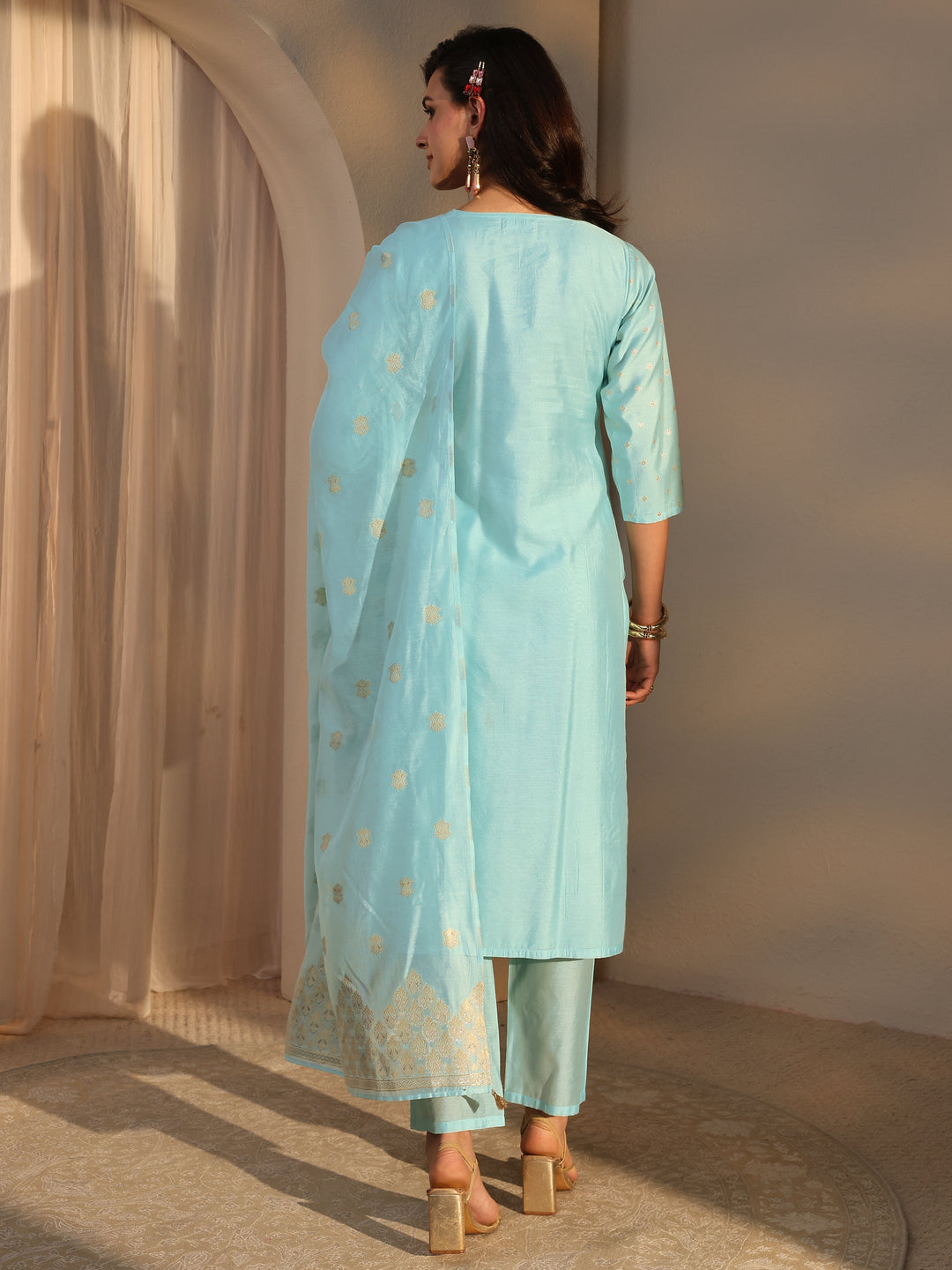 Blue Woven Design Chanderi Silk Straight Suit Set With Dupatta