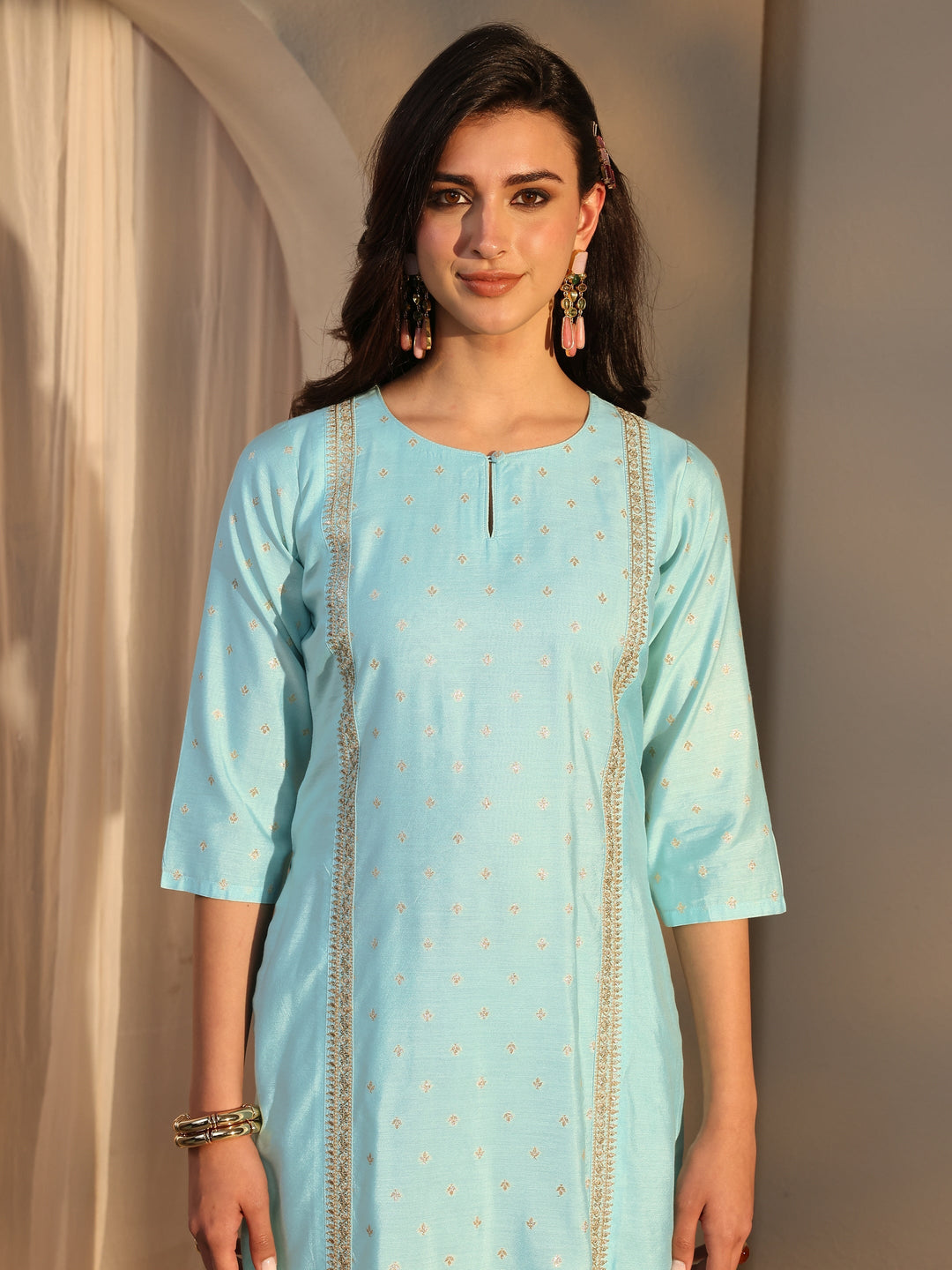 Blue Woven Design Chanderi Silk Straight Suit Set With Dupatta