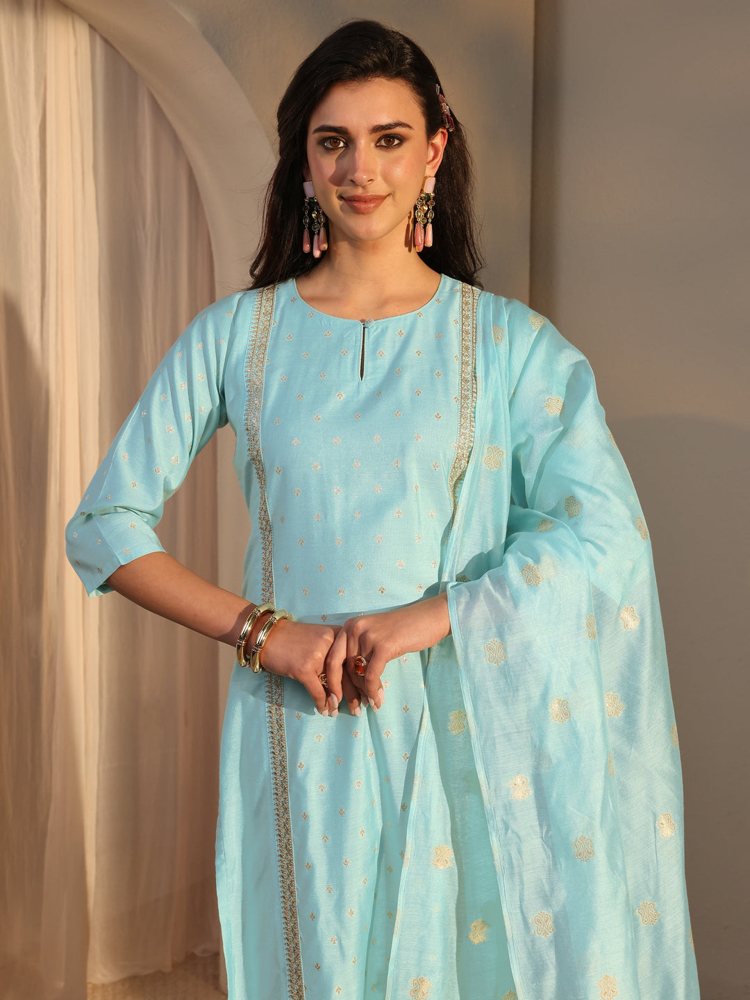 Blue Woven Design Chanderi Silk Straight Suit Set With Dupatta