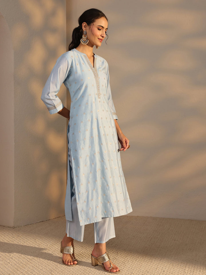 Blue Woven Design Chanderi Silk Straight Suit Set With Dupatta
